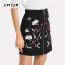 SHEIN Botanical Flower Embroidery Zipper Up Skirt Black Mid Waist Ring A-line Skirt 2018 Spring Elegant Women Mini Skirt