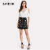 SHEIN Botanical Flower Embroidery Zipper Up Skirt Black Mid Waist Ring A-line Skirt 2018 Spring Elegant Women Mini Skirt