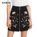 SHEIN Botanical Flower Embroidery Zipper Up Skirt Black Mid Waist Ring A-line Skirt 2018 Spring Elegant Women Mini Skirt