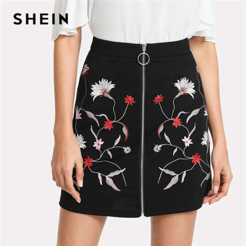 SHEIN Botanical Flower Embroidery Zipper Up Skirt Black Mid Waist Ring A-line Skirt 2018 Spring Elegant Women Mini Skirt