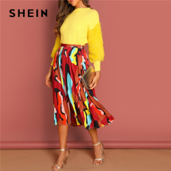 SHEIN Multicolor Graphic Print Pleated High Waist Straight Long Skirt Women Autumn 2019 Weekend Casual Shift Skirts