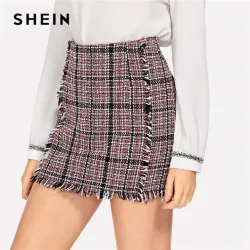 SHEIN Multicolor Office Lady Elegant Frayed Edge Trim Plaid Tweed Mid Waist Skirt 2018 Autumn Highstreet Fashion Women Skirts