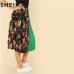 SHEIN Summer Knee-Length Mid Waist Floral Boho Women Pleated Skirt 2018 Fashion Polyester Clothing Eelastic Waist Vacation Skirt