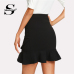 Sheinside Asymmetrical Flounce Hem Overlap Skirt Mid Waist Ruffle Bodycon Skirt Women Black Elegant Office Ladies Mini Skirt