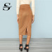 Sheinside Brown Tie Waist Bodycon Work Skirt Zip Back Mid-Calf Wrap Knot Split Back Women Elegant Autumn Pencil Midi Skirt