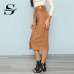 Sheinside Brown Tie Waist Bodycon Work Skirt Zip Back Mid-Calf Wrap Knot Split Back Women Elegant Autumn Pencil Midi Skirt