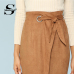 Sheinside Brown Tie Waist Bodycon Work Skirt Zip Back Mid-Calf Wrap Knot Split Back Women Elegant Autumn Pencil Midi Skirt