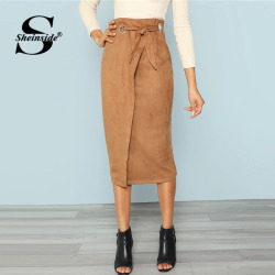 Sheinside Brown Tie Waist Bodycon Work Skirt Zip Back Mid-Calf Wrap Knot Split Back Women Elegant Autumn Pencil Midi Skirt