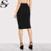 Sheinside Office Ladies Black Pencil Skirt Mid Elastic Waist  Knee Length Plain Skirt Women Work Wear Elegant Autumn Skirt