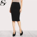 Sheinside Office Ladies Black Pencil Skirt Mid Elastic Waist  Knee Length Plain Skirt Women Work Wear Elegant Autumn Skirt