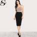 Sheinside Office Ladies Black Pencil Skirt Mid Elastic Waist  Knee Length Plain Skirt Women Work Wear Elegant Autumn Skirt