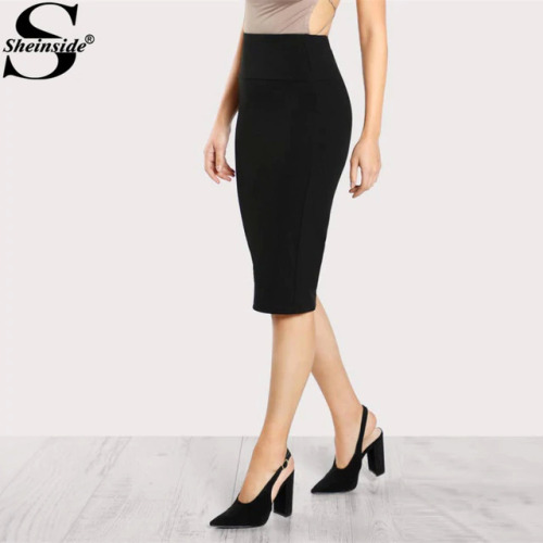 Sheinside Office Ladies Black Pencil Skirt Mid Elastic Waist  Knee Length Plain Skirt Women Work Wear Elegant Autumn Skirt