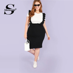 Sheinside Plus Size Black Knee Length Bodycon Skirt With Ruffle Strap High Waist Autumn Skinny Elegant Women Midi Skirt