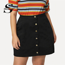 Sheinside Plus Size Plain Black High Waist Workwear Skirt Office Ladies Button Up Denim Stretchy Women Summer Elegant Skirts