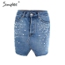 Simplee Casual split pearls denim skirts womens Button skinny diamond mini skirt 2018 Streetwear chic korean summer jeans skirt