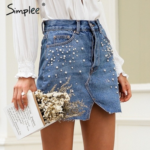 Simplee Casual split pearls denim skirts womens Button skinny diamond mini skirt 2018 Streetwear chic korean summer jeans skirt