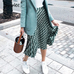 Simplee Pleated satin women green skirt England style geometric high waist midi skirts Casual streetwear female skirt bottoms