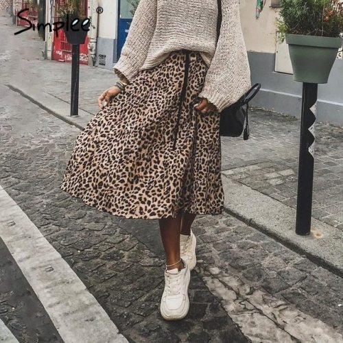 Simplee Vintage leopard print pleated skirts women punk rock korean skirt streetwear Drawstring elastic waist ladies midi skirt