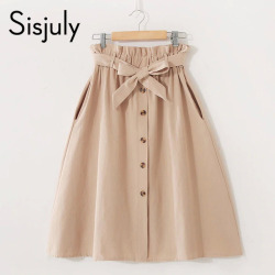 Sisjuly Vintage Fresh Simple Skirt Women Pleated High Waist Belt Button Girl Casual Black Solid Sweet A Line Short Skirts 2019