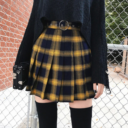 Spring Summer Harajuku Women Fashion Skirts Cute Yellow Black Red Lattice Pleated Skirt Punk Style High Waist Female Short Skirt