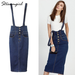 Streamgirl Long Denim Skirt With Straps Women Button Jeans Skirts Plus Size Long High Waist Pencil Skirt Denim Skirts Womens