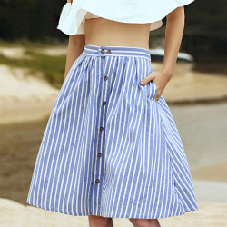 Striped A-Line Blue Single-Breasted Skirt Women 2018 Spring Summer Casual High Waist Knee-Length Skirts Cute Ladies Skirt Femme