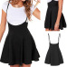 Summer Fashion Women Ladies Mini Skirt Preppy Style High Waist Pure Color Stretch Flared Skater Swing Short Suspender Skirt