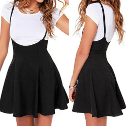 Summer Fashion Women Ladies Mini Skirt Preppy Style High Waist Pure Color Stretch Flared Skater Swing Short Suspender Skirt