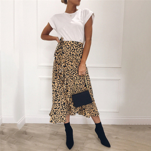 Summer Sexy Women Lace Up Skirts Fashion High Waist Ruffles Loose Slim Long Wrap Skirt 2019 New Ladies Leopard Outwear Clothing