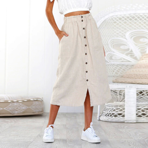 Summer Skirts Womens 2019 New Midi Korean Elegant Button elastic High Waist Skirt Female Pleated Sun ladies School Skirt