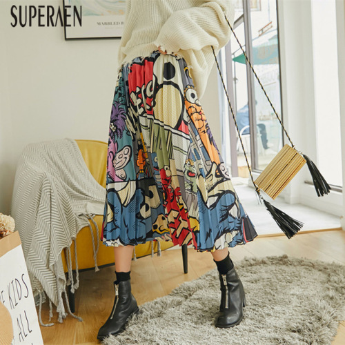 SuperAen Pleated Skirt Female 2019 Spring New Europe Fashion Casual Women Skirt Elastic Waist Korean Style Skirts Women