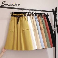 Surmiitro Midi Knee Length Summer Skirt Women With Belt 2019 Spring Casual Cotton Solid High Waist Sun School Skirt Female