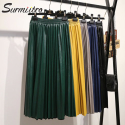 Surmiitro PU Skirt Women 2019 Autumn Winter Midi Long Korean Elegant Pleated High Waist Leather Skirt Female A line Office Skirt