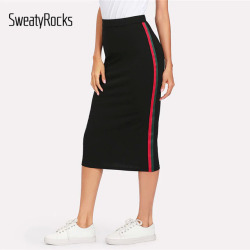 SweatyRocks Striped Tape Side Skirt Black Women Knee Length Elegant Athleisure Skirt 2018 Summer Mid Waist Casual Skirt