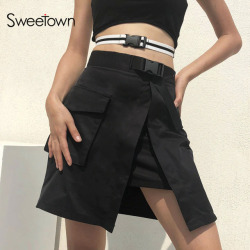 Sweetown Autumn Winter 2018 Korean Fashion Skirts With Plastic Buckle Belt Womens Streetwear Black High Waist Harajuku Skirt