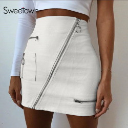 Sweetown White Korean Style Skirts Womens Street Style A Line Skirt Summer 2018 High Waist Vogue Steampunk Leather Short Skirt