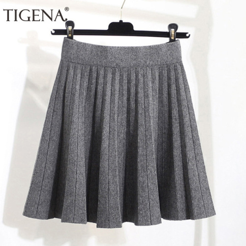 TIGENA 2018 Autumn Winter Knitted Warm Skirts Women High Waist Pleated Sexy Mini Skirt Female Black Khaki Gray Skirts