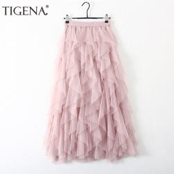 TIGENA Fashion Tutu Tulle Skirt Women Long Maxi Skirt 2019 Spring Summer Korean Black Pink High Waist Pleated Skirt Female