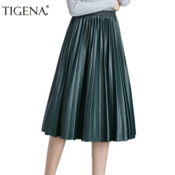 TIGENA High Waist Pleated Pu Faux Leather Skirt Women 2018 Autumn Winter Elegant Midi Long Skirts Female Black Red Leather Skirt