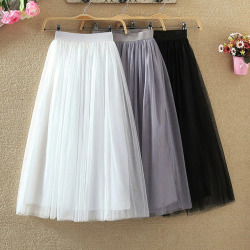 TIGENA Long Tulle Skirts Womens 2019 Summer Elastic High Waist Mesh Tutu Pleated Skirt Female Black White Gray Maxi Skirt