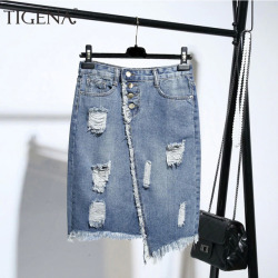 TIGENA Plus Size Fashion Midi Denim Skirt Women 2019 Summer Light Blue Hole Ripped Jeans Skirt Female Button Tassel School Skirt