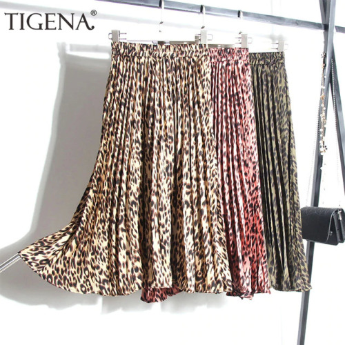 TIGENA Printed Leopard Skirts Women Fashion 2019 Autumn Winter High Waist Pleated Midi Long Skirts Female Korean Skirt Ladies