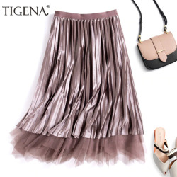 TIGENA Reversible Velvet Tulle Long Skirts Women Fashion 2018 Autumn Winter High Waist Pleated Skirt Female Elegant Long Skirt