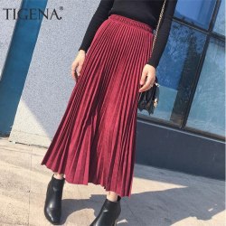 TIGENA Suede Pleated Skirts Women Fashion 2019 Autumn Winter Midi Long Skirt Female High Waist Elegant Skirt Pink Green Blue