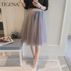 TIGENA Tulle Skirt Women 2019 Summer A-line Midi Skirts Female High Waist Tutu Pleated Skirts For Women School Sun Skirt Black