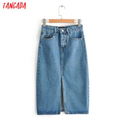 Tangada women sexy denim skirts 2019 korea fashion   pocket lady mid calf skirt high waist vintage skirts female FN66