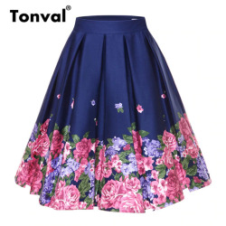 Tonval Retro Floral Print Vintage Pleated Skirts Womens 2018 High Waist Plus Size Midi Cotton Summer 4XL Swing Skirt