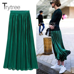 Trytree Spring Summer Pleated Skirt Womens Vintage High Waist Skirt Solid Long Skirts New Fashion Metallic Skirt Female