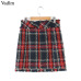 Vadim vintage plaid tweed mini skirt fringe tassel buttons back zipper faldas mujer female casual chic A line skirts BA159