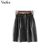 Vadim women PU leather mini skirts pockets buttons elastic waist faldas European style fashion black pleated skirts BSQ602